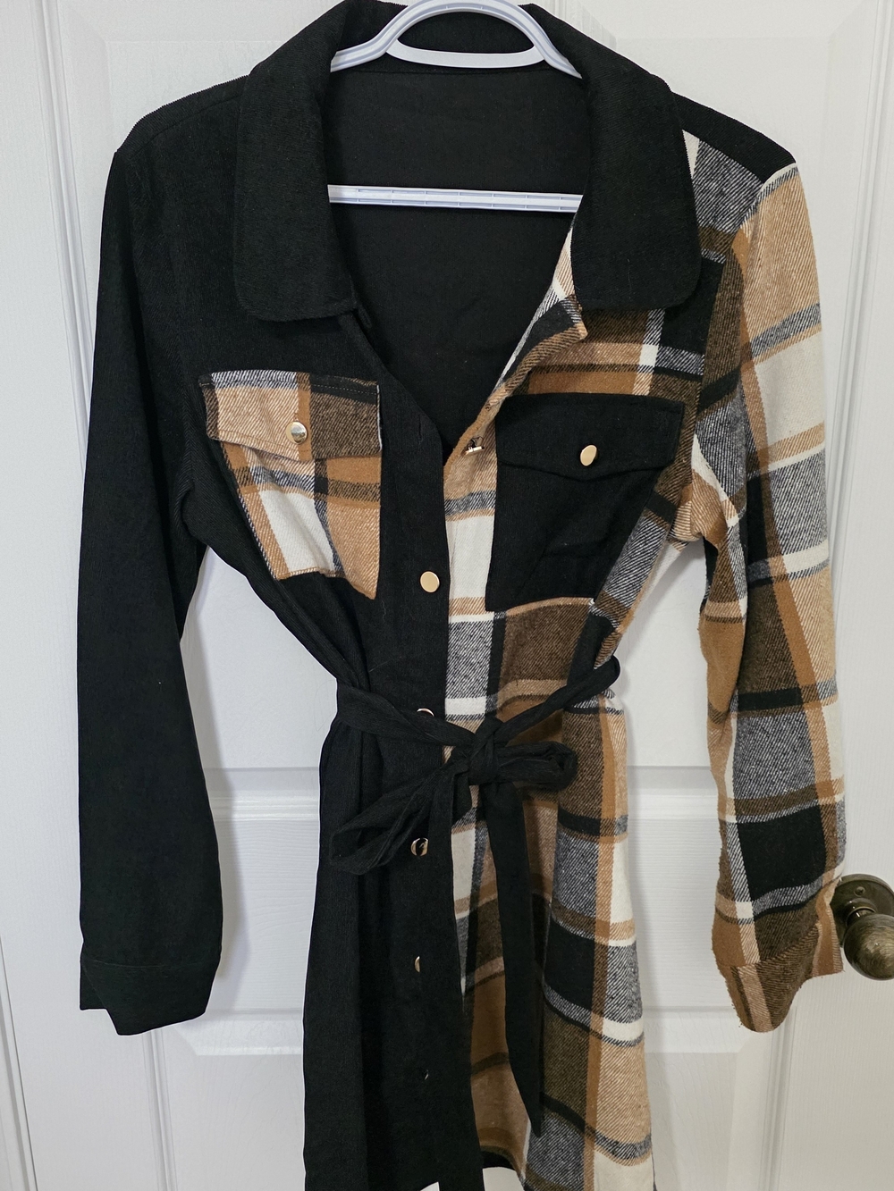 SHEIN Black and Tan Plaid Button-Front Belted Shirt Sweater